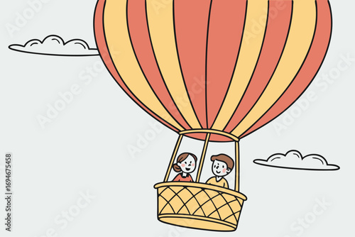 Whimsical line art hot air balloon illustration with colorful stripes