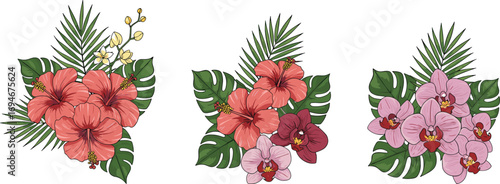 Tropical floral bouquet with hibiscus and orchid flowers, exotic jungle leaves arrangement, botanical clipart for summer design and decor