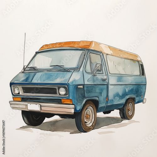 old blue truck in watercolor, illustration