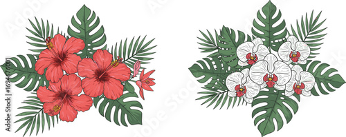 Tropical hibiscus and orchid flower arrangement, botanical leaves clipart, exotic jungle bouquet for summer design, wedding, and decoration projects