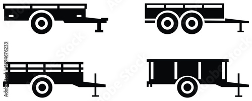 Black and white vector illustration of utility trailers, different types for hauling equipment, trailer and transport icons, automotive and industrial design elements, vehicle vector set