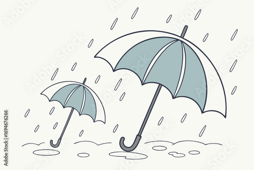 Minimalist rain drops and umbrellas illustration with yellow and cyan accents