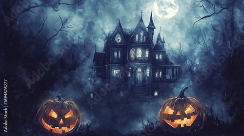 Watercolor Haunted House in a Spooky Forest with Glowing Jack-o-lanterns