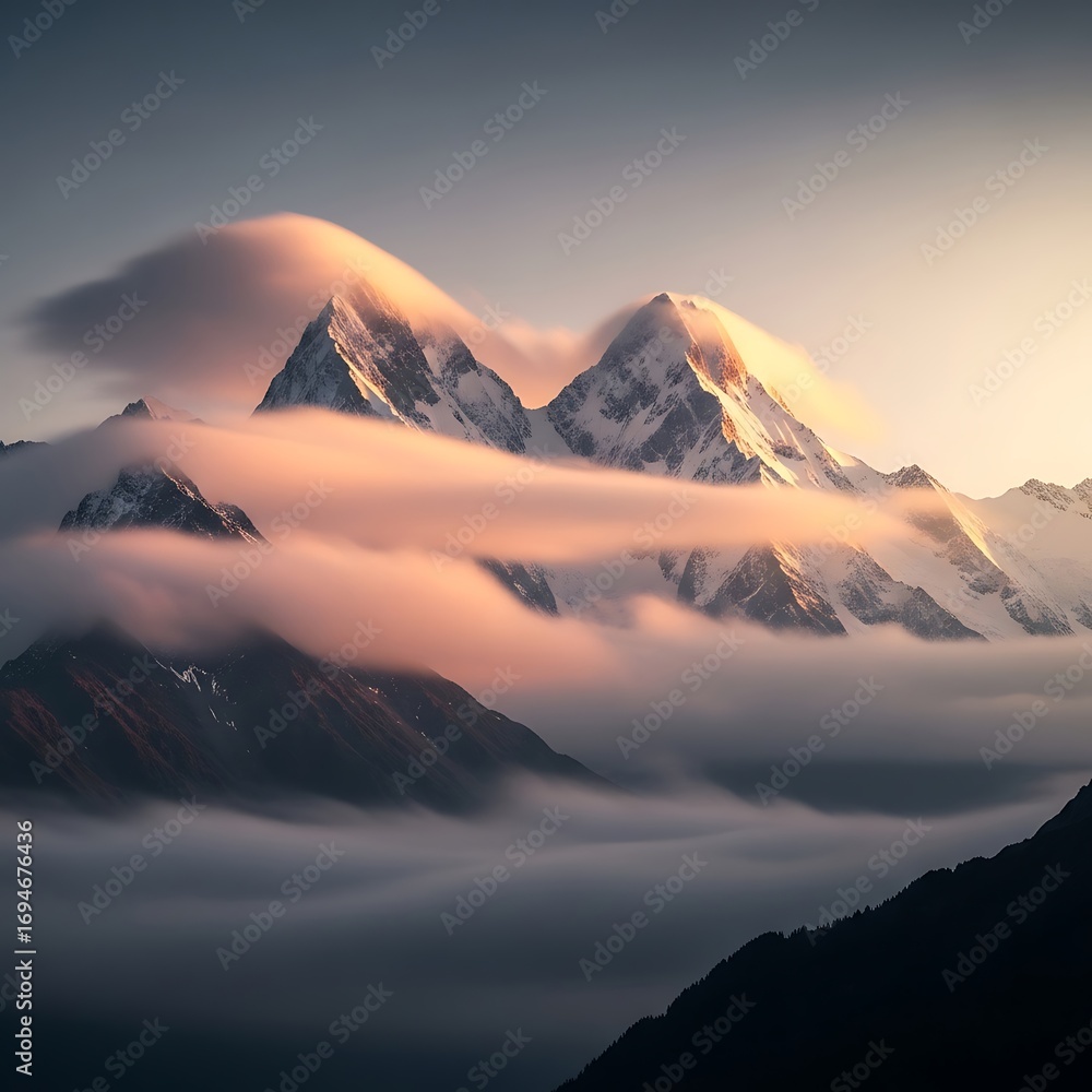 Naklejka premium Majestic snow-capped mountains are enveloped in soft, pink-hued clouds during a serene sunrise.