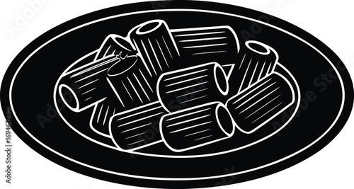  Detailed illustration of rigatoni pasta on a decorative plate in black and white
