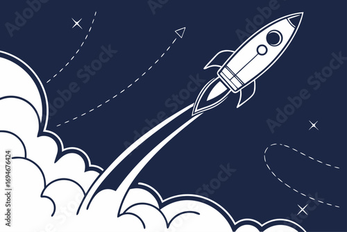 Abstract minimalist rocket launch trajectory with color streaks