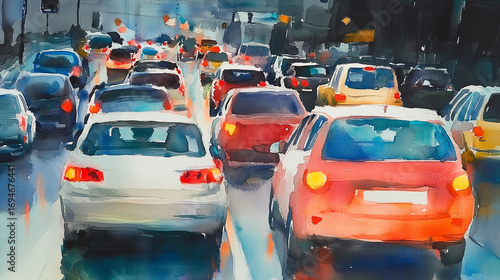 traffic jam in city in watercolor style, illustration