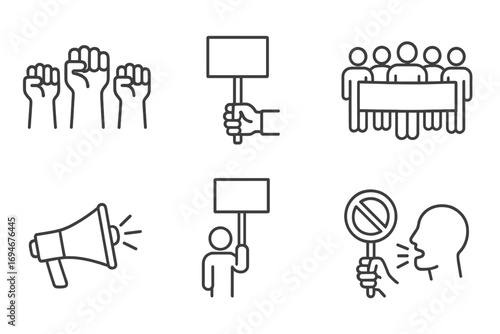 Protest and Activism Line Icons Set – Demonstration, Placards, Megaphone, Human Rights and Social Movement Symbols