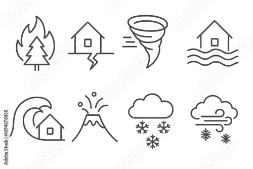 Natural Disaster Outline Icons Set – Fire, Earthquake, Tornado, Flood, Tsunami, Volcano, Snowstorm and Strong Wind