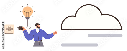 Person holding a lit bulb plugged into a power outlet and pointing to a cloud icon. Ideal for creativity, cloud computing, technology, innovation, energy, problem-solving, connectivity. Simple flat