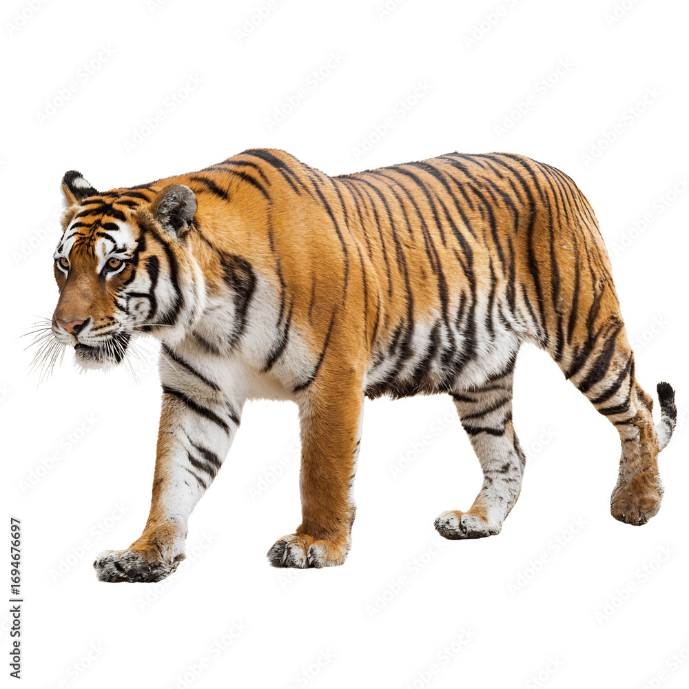 Obraz premium isolated Bengal tiger walking, 3/4 view, vivid stripes, clean edges, transparent background, stock PNG, textured grain