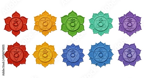 Ten lotus flower chakra symbols are arranged in two rows against a white background