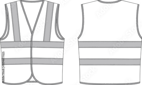 Safety reflective vest flat sketch, front and back views, high visibility workwear, construction safety clothing, protective gear, industrial uniform, safety apparel design template.