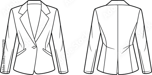 Women’s fitted blazer jacket flat sketch, front and back views, fashion illustration, tailored outerwear, professional clothing, modern style, office wear, structured design, clothing template.