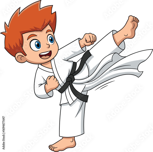 Cartoon karate boy performing high kick, energetic martial arts character illustration, vector image of youthful karateka, action pose, black belt