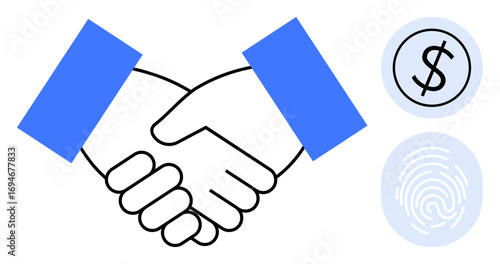 Two hands shaking symbolizing partnership and trust, a dollar icon for financial transactions, and a fingerprint for security. Ideal for business, finance, trust, collaboration, security, deals