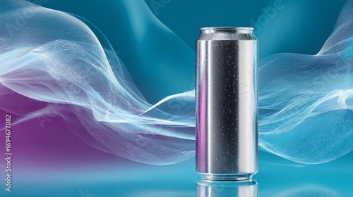 Sleek Silver Beverage Can with Abstract Wave Background for Modern Branding