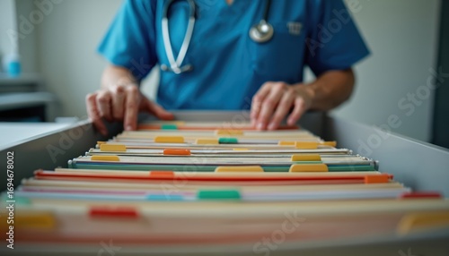 Healthcare pro in blue scrubs, stethoscope sorts through colorful files in cabinet drawer. Systematic organization of medical records, patient documentation, clinic administration. Focus on