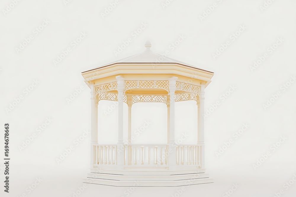 Fototapeta premium A serene and minimalist image of a white and light yellow gazebo, evoking feelings of peace and tranquility in a bright setting.