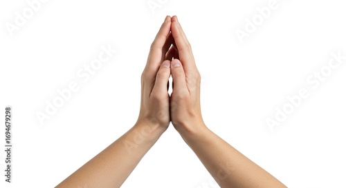 Two hands pressed together fingertips pointing up against a white background