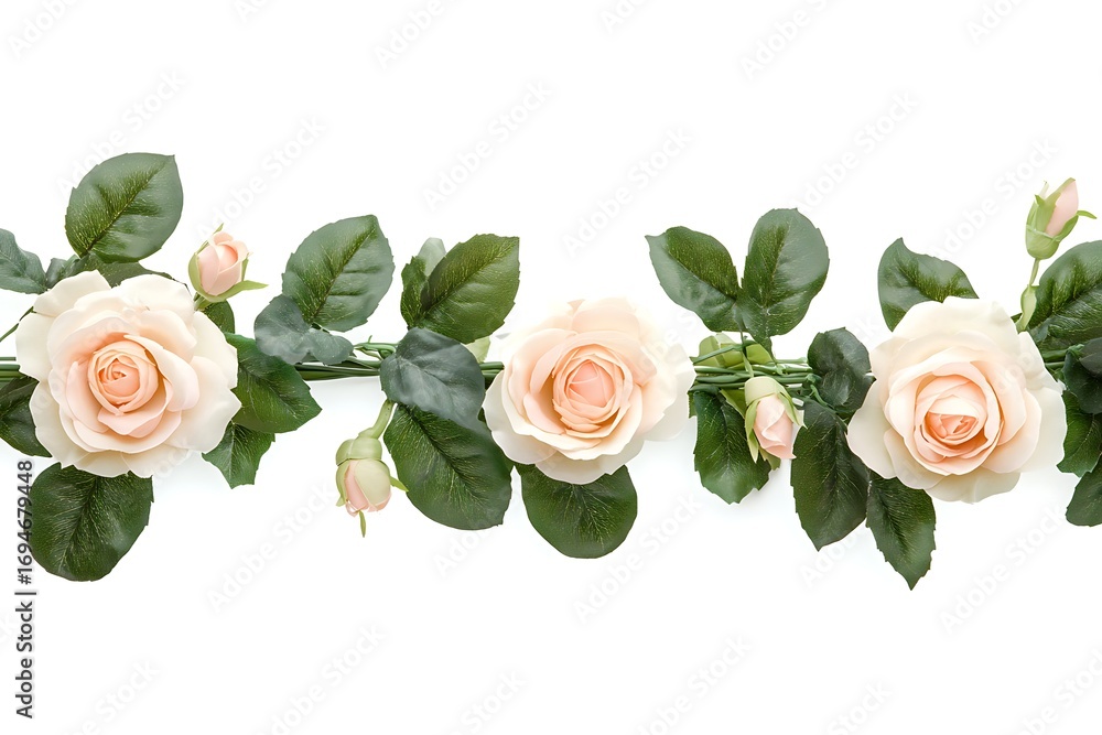 Naklejka premium A delicate floral arrangement featuring peach-colored roses with green leaves and buds, set against a clean white background, creating a romantic and elegant composition.