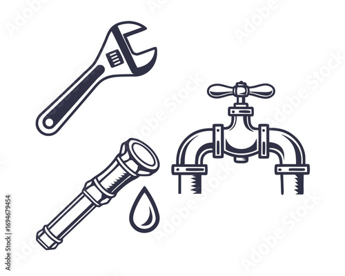Adjustable wrench pipe and water drop icons in dark blue vector