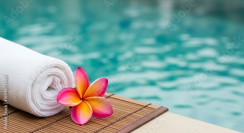 A rolled white towel rests beside a vibrant pink and orange plumeria flower on a brown bamboo mat, close to a blurry turquoise pool.