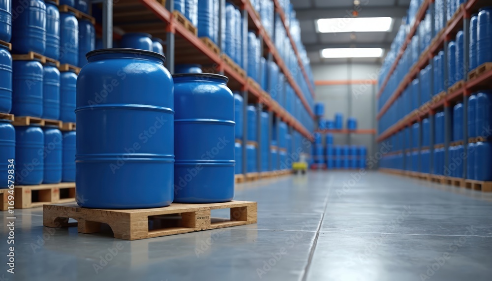 Obraz premium Blue chemical storage tanks neatly stacked on wooden pallets inside large industrial warehouse. Rows of containers organized on high shelving units, suggesting efficient logistics, supply chain