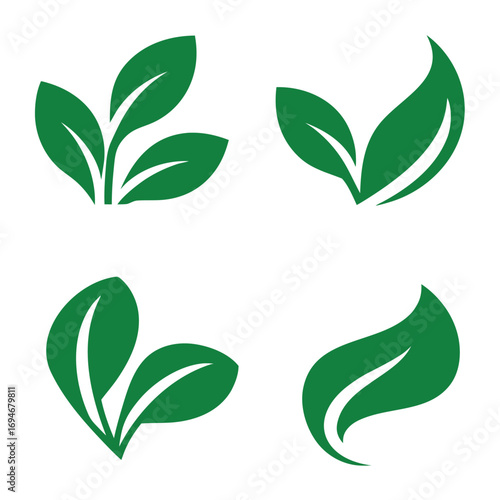 Four Green Leaf Icons on White Background nature plant 1