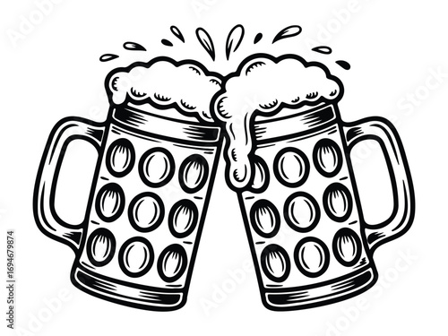 Two beer mugs clinking together in a celebratory toast, overflowing foam, vector illustration, friendship and party celebration, beverage and pub graphic element