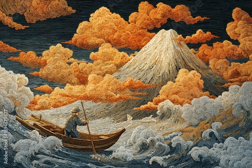 A lone boatman navigates turbulent waters towards a majestic mountain