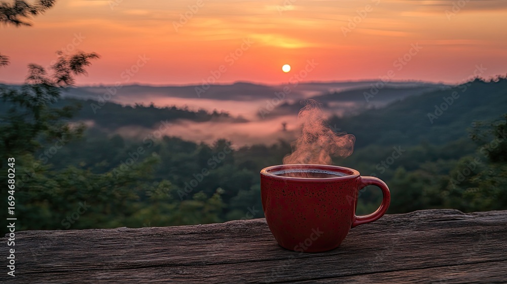 Fototapeta premium Sunrise coffee overlooking misty mountains