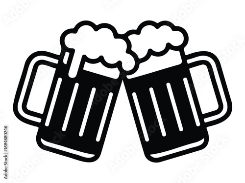 Two beer mugs toasting in celebration, friendship and good times, simple black and white design, beverage illustration, party and pub graphic element