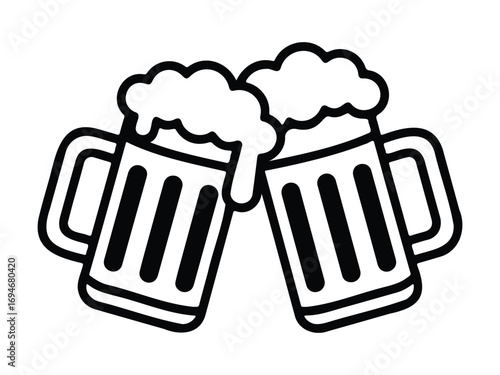 Two beer mugs toasting in celebration, friendship and good times, simple black and white design, beverage illustration, party celebration graphic element