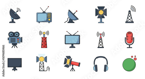 Colorful communication icons: media, technology, entertainment, and broadcast set