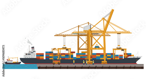 Container ship and dockside cranes in a busy port scene in flat style