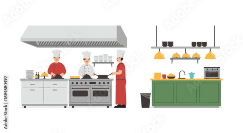 Professional kitchen scene with chefs preparing meals in modern culinary setting