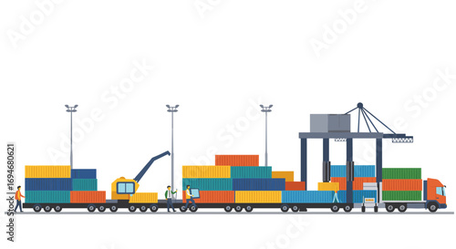 Industrial shipping scene with containers and transportation vehicles at a port