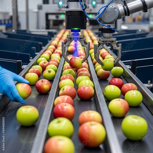 Automated robotic arms sort fresh apples on a production line, showcasing precision and efficiency in a modern food processing facility.