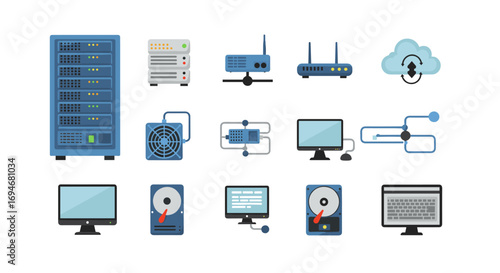 Network technology icons set featuring servers, routers, and cloud computing elements in flat design
