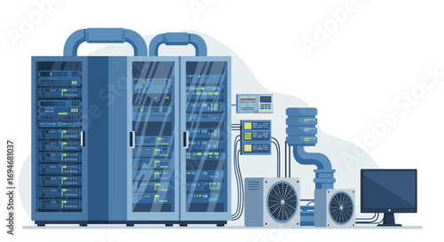 Modern data center with server racks and cooling systems in flat design