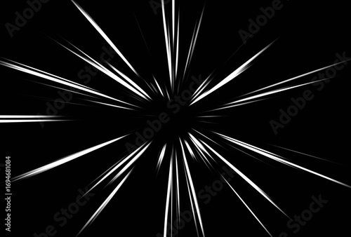 Abstract surface of radial blur zoom in monochrome tones. black background with white dynamic speed lines, radial burst effect, motion energy concept for comics, manga, or futuristic design.