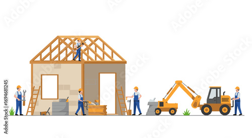Construction workers building house with equipment and tools in flat design
