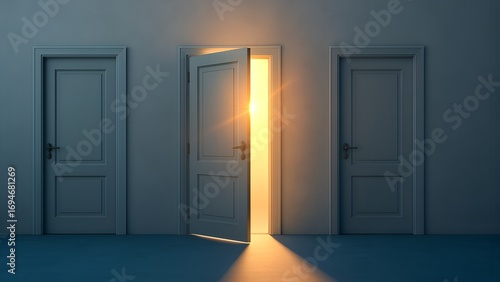 Three minimalist doors with central door ajar and glowing golden light – mysterious opportunity and concept of discovery