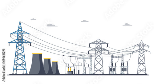 Industrial power plant with transmission towers and power lines in flat design