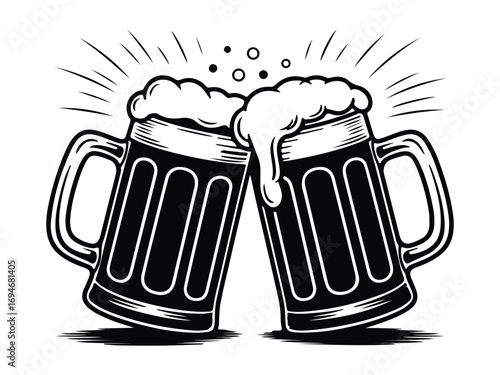 Two beer mugs toasting with overflowing foam, black and white vector illustration, celebration and friendship design, beverage and pub graphic element