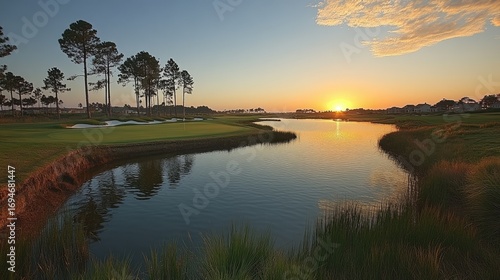 Sunrise golf course water way tranquil scene