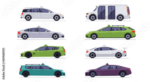 Flat design set of cars and vans with taxi variants in side view