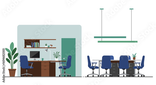 Modern office interior with workspace and conference area in flat design