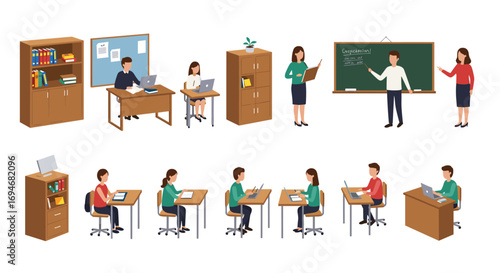 School classroom scene with teachers, students, and office furniture in flat style
